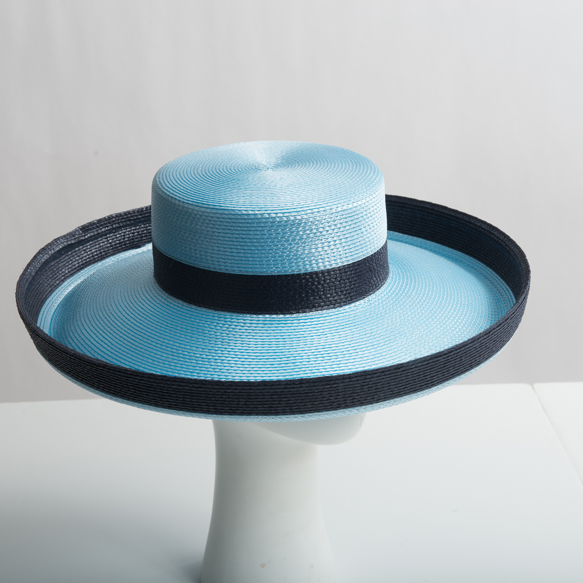 Ice Blue / Navy Medium Brim Blocked Untrimmed Poly Straw Hat Base